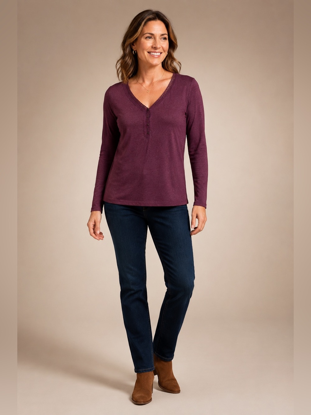 Eddie Bauer Women’s Large Burgundy Crochet Trim Henley Long Sleeve Top NWT